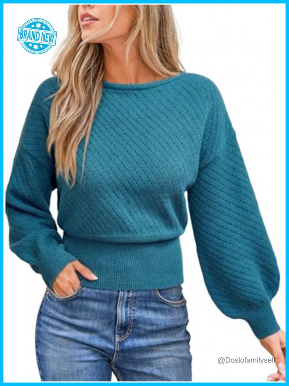 Knit Sweater Puff Sleeve Boatneck Pullover Top Women